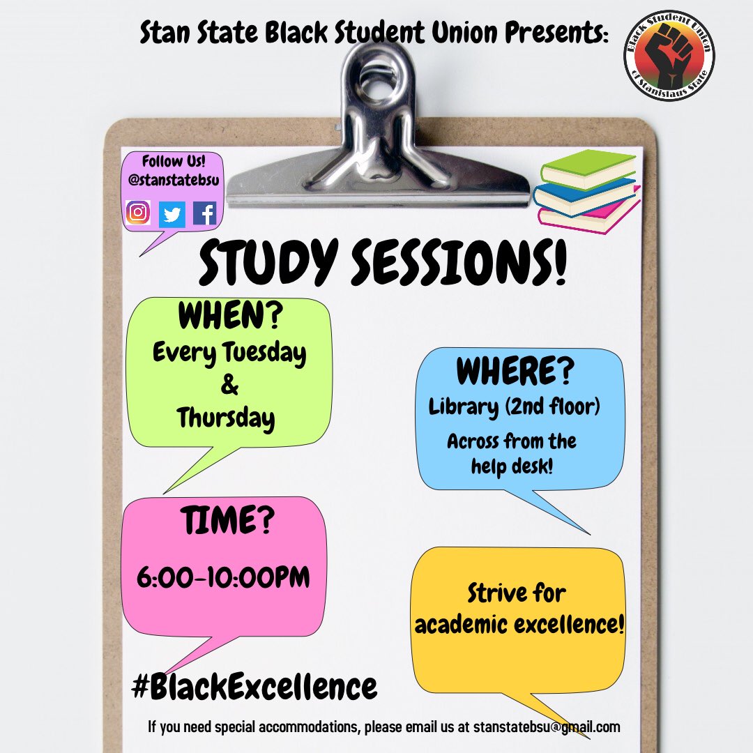 stanstatebsu's tweet image. Study sessions begin TODAY in the Library(2nd floor) in the room across from the help desk!! Come study with your peers! There will be snacks😋 See you all there✊🏿 #blackexcellence #uniteupliftuprise #stanstatebsu