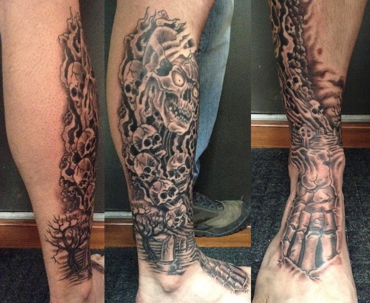 #tattoooftheweekby James Delzel. #skullfoottattoo #graveyardtattoo #blackandgraytattoo