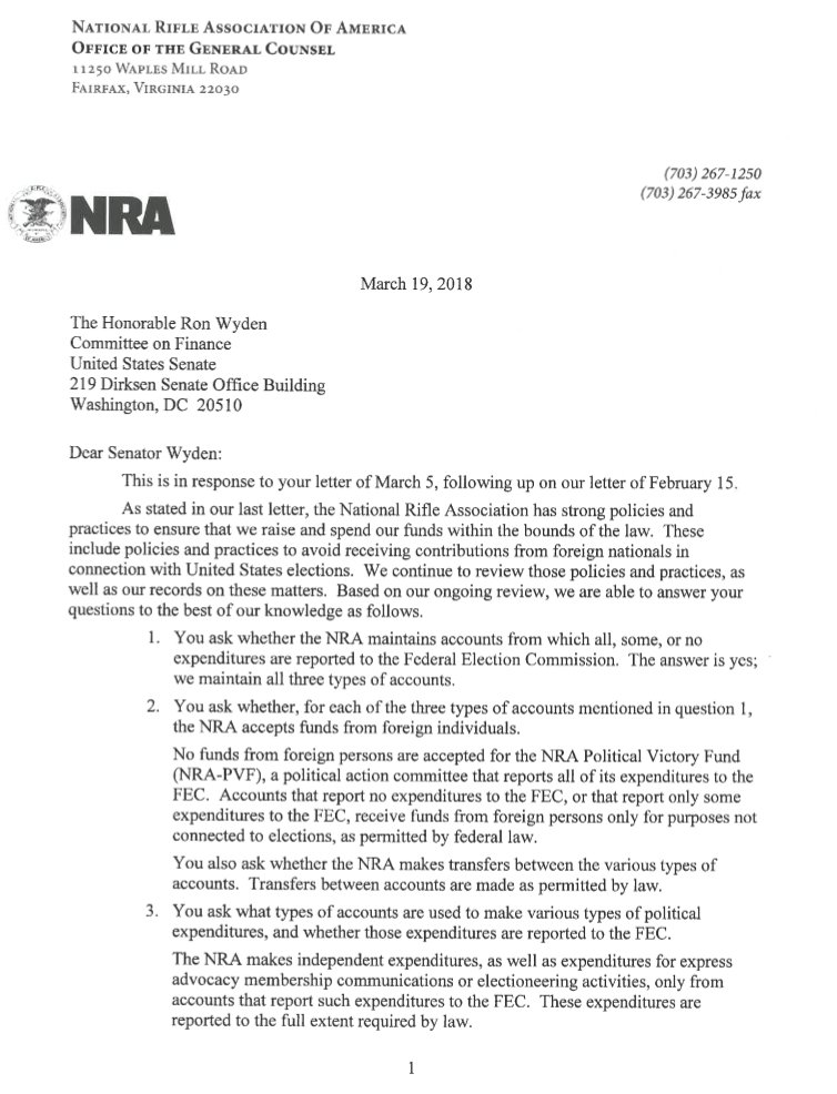 RonWyden's tweet image. The @NRA acknowledged in a letter to me on March 19 that it maintains accounts with foreign donations that could fund political activities intended to sway the American political debate and influence campaigns.