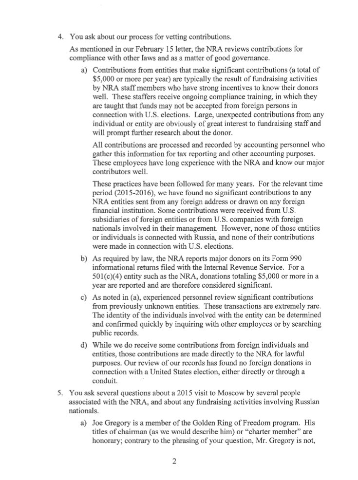 RonWyden's tweet image. The @NRA acknowledged in a letter to me on March 19 that it maintains accounts with foreign donations that could fund political activities intended to sway the American political debate and influence campaigns.