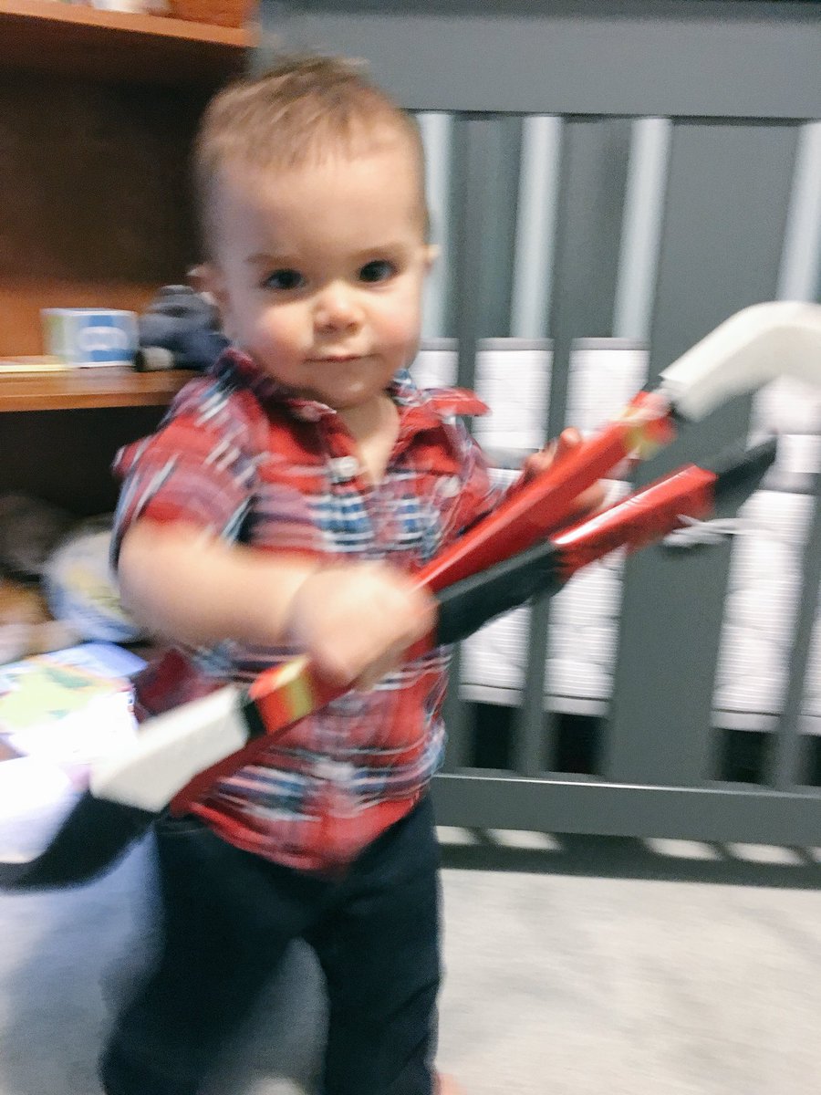 Hey <a href="/Senators/">Ottawa Senators</a>! If you ever need a stick boy, this young lad has been practicing walking his sens mini-sticks up and down the hallway for the last 20 mins! 😆 #sens #futurestickboy