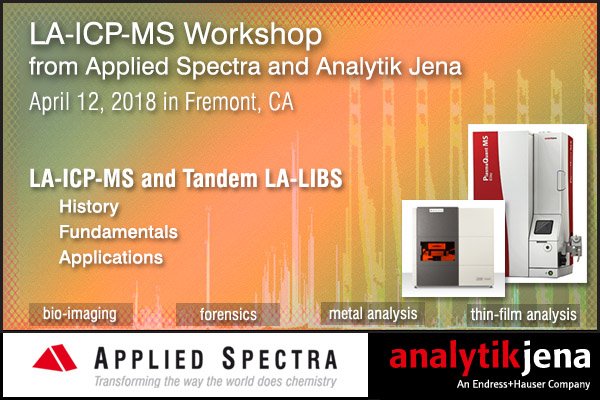 AppliedSpectra's tweet photo. @AppliedSpectra is pleased to announce a free one-day LA-ICP-MS workshop with Analytik Jena in Fremont, CA, located in the beautiful San Francisco Bay Area. The workshop will be held on April 12th, 2018. Register today! https://t.co/88NROqh5b7 https://t.co/xRe0zNF2Ir