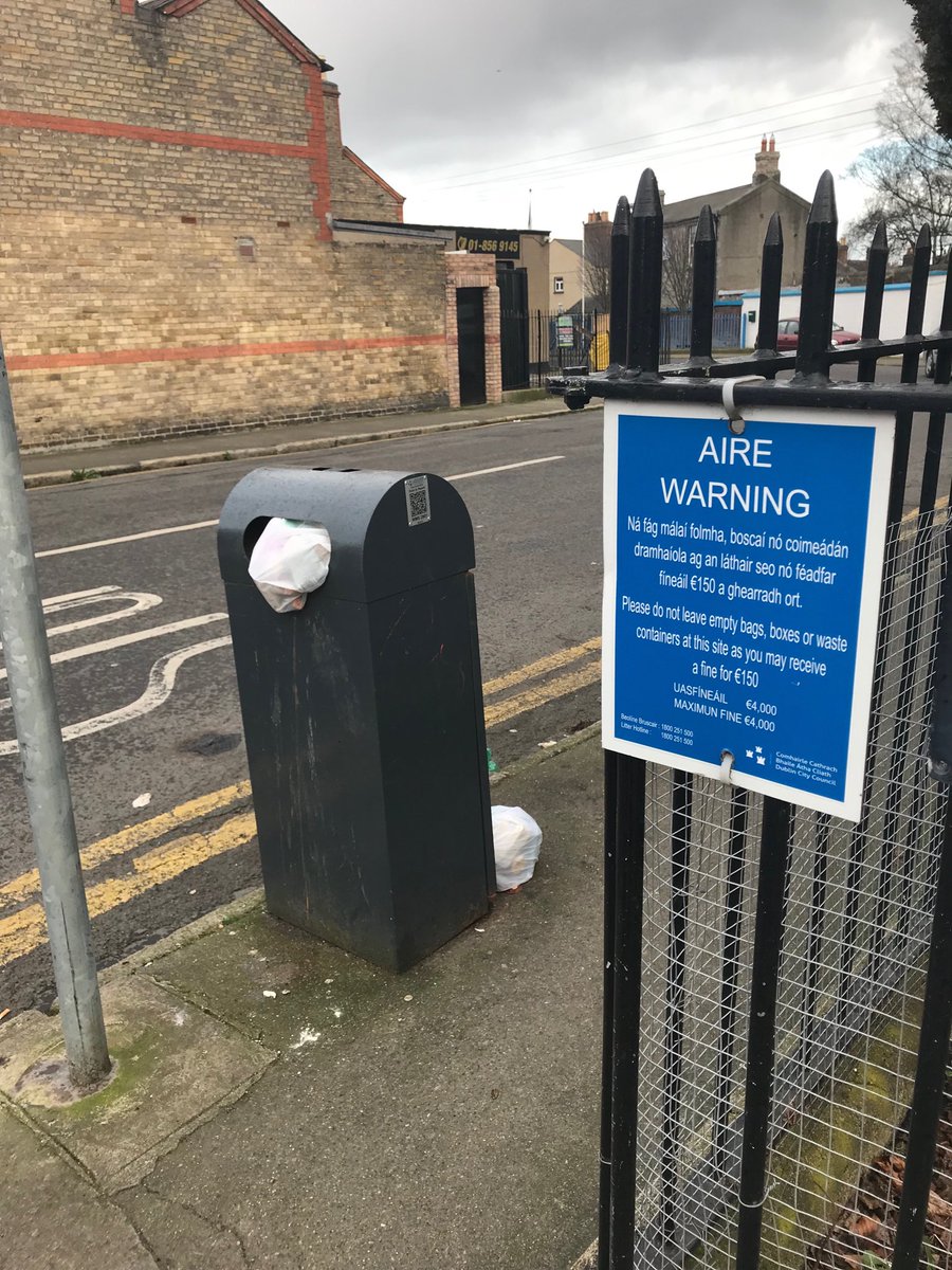 RayMcAdam's tweet photo. C’mon @DubCityCouncil - little point putting warning signs about dumping of litter bins aren’t being emptied regularly enough. Corner of #OxmantownRoad &amp; #ManorPlace #Stoneybatter https://t.co/qrA7rwSY1f