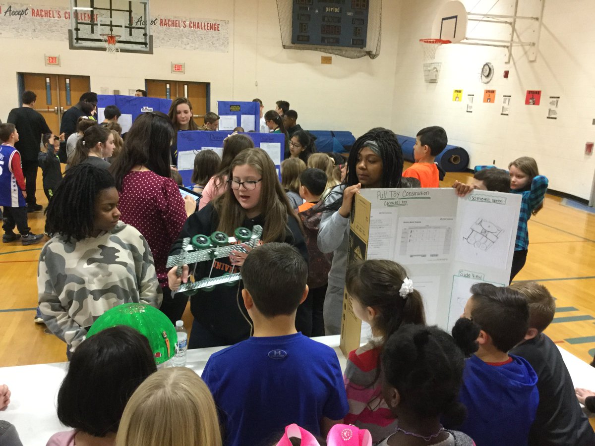 mr_galeone's tweet photo. Younger students getting a closer look at our mechanisms, design sketches and design process notes for our automation and robotics pull toy parade. @PLTWorg @BCSLions1 https://t.co/9R777XXkFs