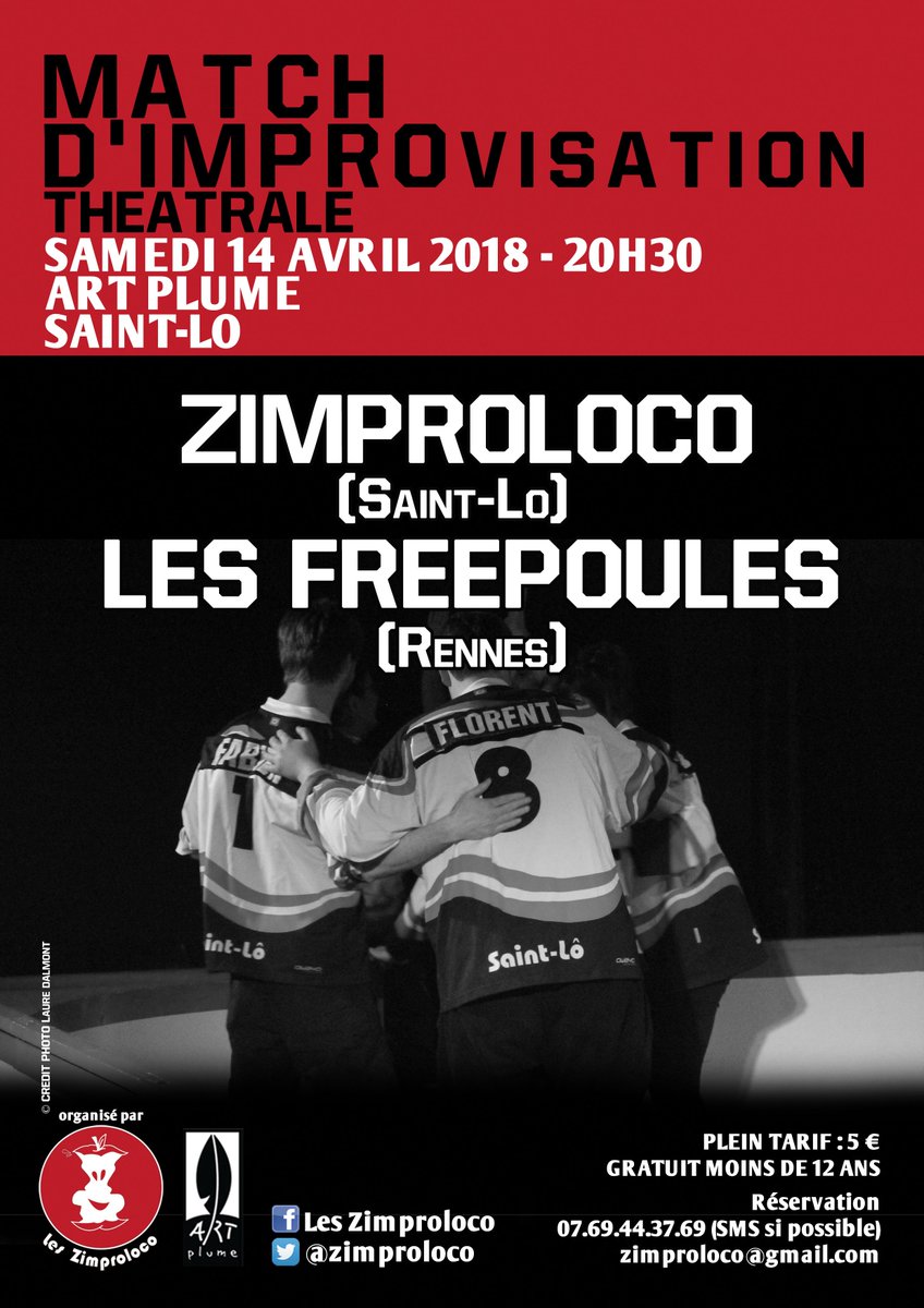 Notre prochain match sera avec les Freepoules de Rennes. Réservations au 07.69.44.37.69
Ou par mail: zimproloco@gmail.com
Pensez à bien préciser votre nom et le nb de places enfants et/ou adultes souhaitées.
Tarif 5 €, gratuit pour les -12 ans.
#zimproloco #STLove #improvisation