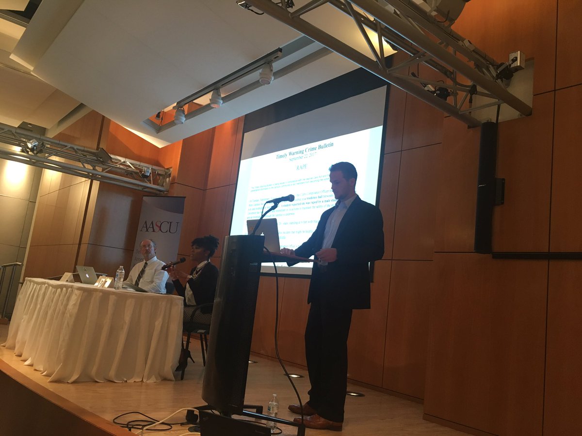 LAJourno's tweet image. Communications staff and Cleary officer from @CSUMB presenting a thought-provoking presentation &quot;Public Safety or Defamation&quot; #AASCUComm