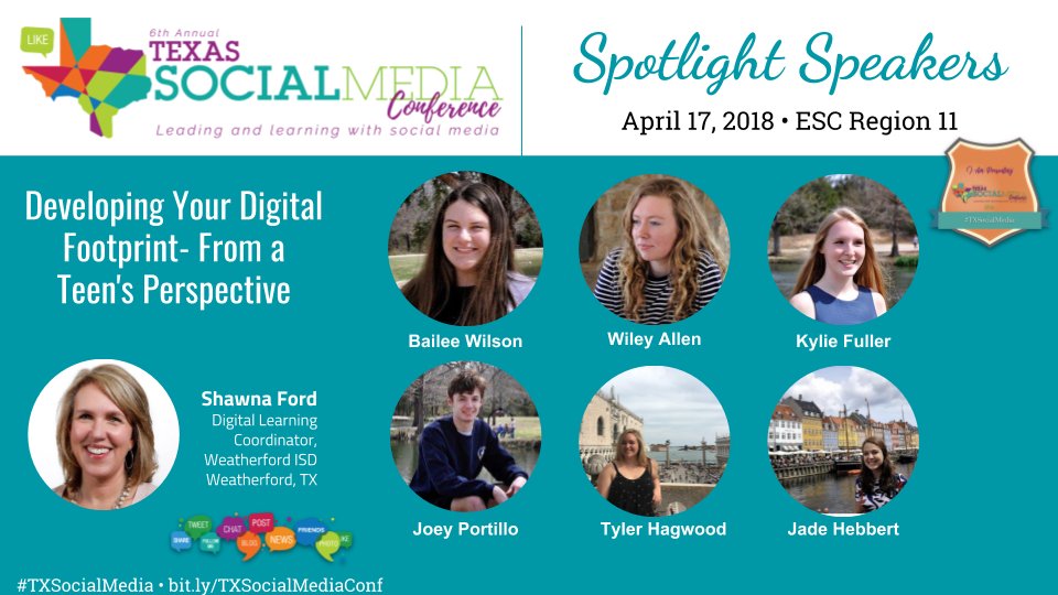 #StuVoice is powerful especially when @TeamWISD &amp; @TexasTeensTeach empower us all with tools for Developing A Digitial presence. Hear them along with @ShawnaFord1 at the #TXSocialMedia Conference hosted by <a href="/ESCRegion11/">ESC Region 11</a> &amp; <a href="/TSMRI/">The Social Media Research Institute</a> on April 17. Register here: bit.ly/TXSM2018