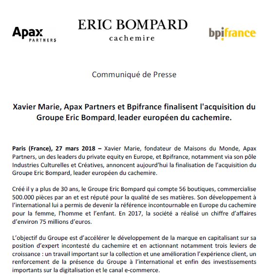 LETIERFanny's tweet photo. @ApaxPartners_FR et @Bpifrance soutiennent la reprise de #EricBompard par Xavier Marie pour accélérer le rayonnement de la marque à l'international #frenchtouch https://t.co/vJ9cKebBCW