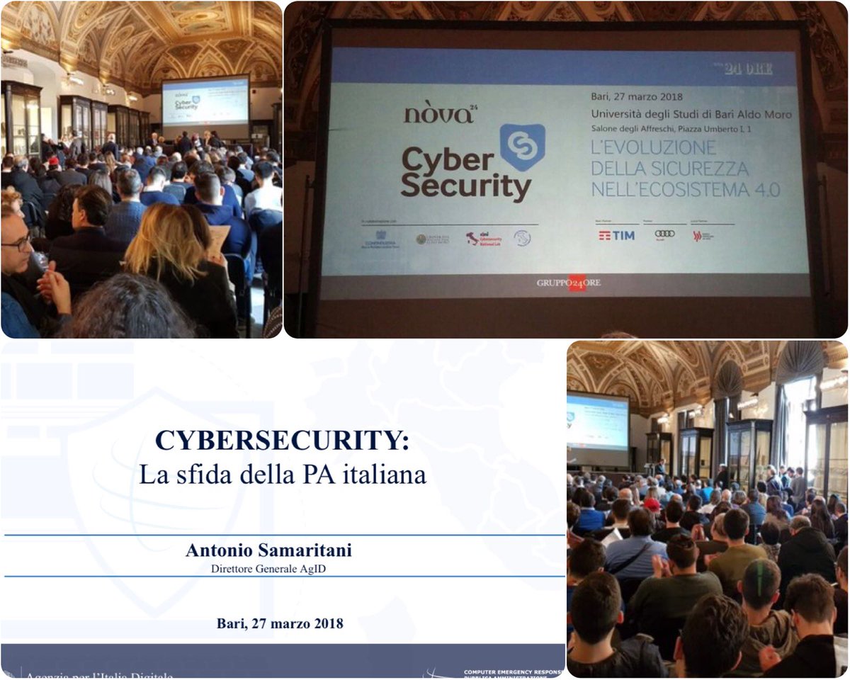 AgidGov's tweet photo. La #Cybersecurity è la sfida della #PA italiana. Tema non solo tecnologico ma soprattutto culturale | A #Samaritani DG #AgID presenta gli sviluppi #CertPA (Computer Emergency Response TeamPA) a #Bari nella 3°tappa del Road show sull’evoluzione della sicurezza nell’ecosistema 4.0 https://t.co/203d9ako6o