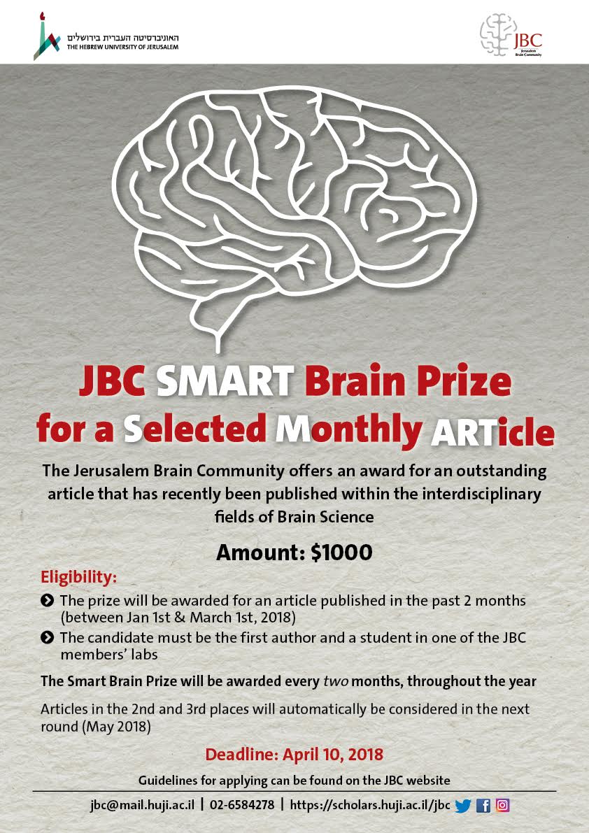 jerusalembrainc's tweet photo. The call for JBC SMART Brain prize is still open.
Apply NOW!
For more information: https://t.co/cZB4Ie0iwo https://t.co/uCLUzADj7q