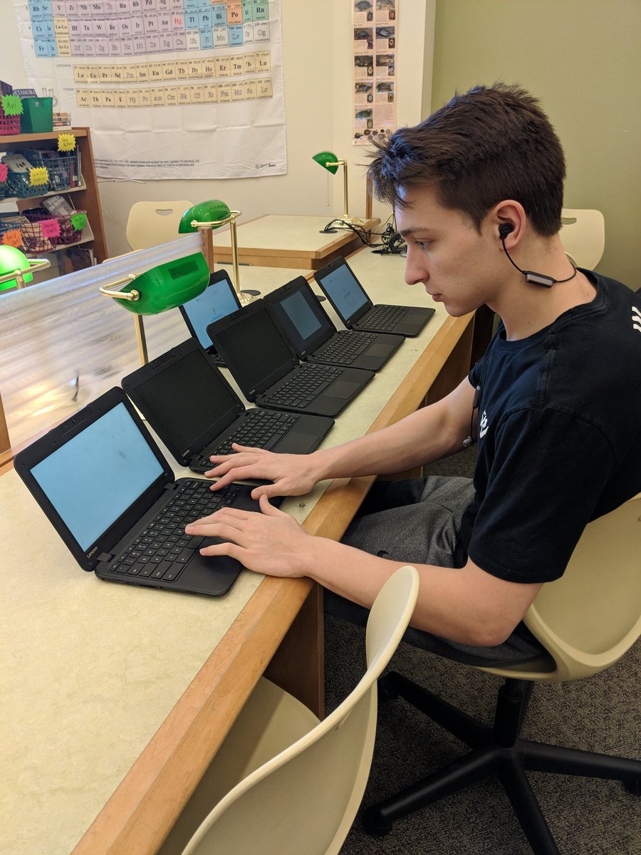 METechTeam's tweet photo. MCAS prep and landing. The space in @MERMHS_LC is much appreciated to spread out and wipe Chromebooks. #studenttechsupport https://t.co/NT46SxS0Qz