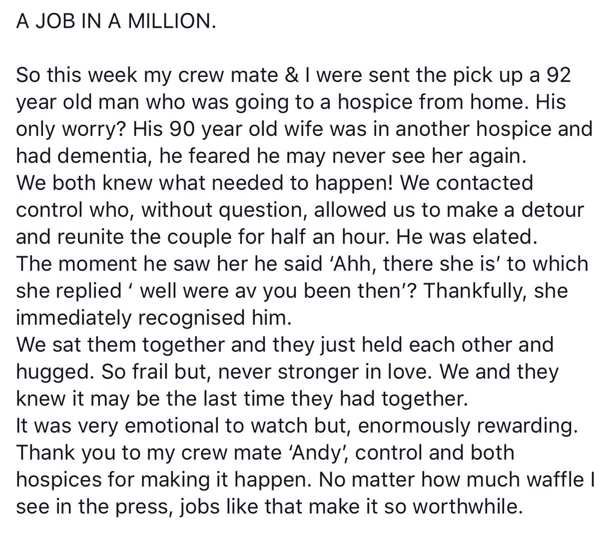 EastEnglandAmb's tweet image. A job in a million.
This wonderful post from one of our staff demonstrates how one of our crews in Suffolk went above and beyond to reunite a patient with his wife en route to a hospice.
#ambulance #NHS #Suffolk