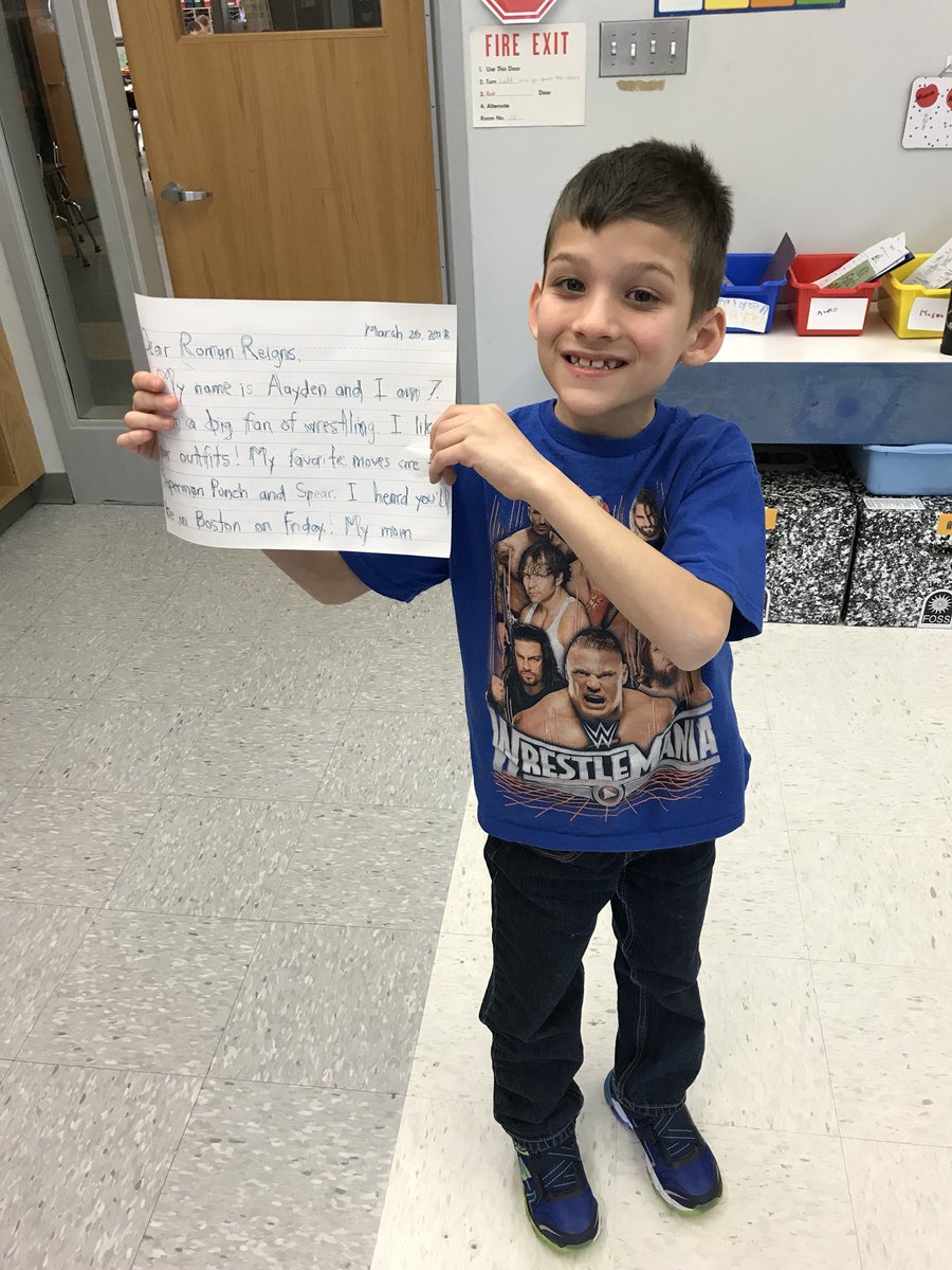 <a href="/WWERomanReigns/">Roman Reigns</a> 7 y/o Aayden is your biggest fan and wants you to “finish” his principal <a href="/TheBatchBulldog/">The Batch</a> while you’re in Boston this weekend for road to <a href="/WrestleMania/">WWE WrestleMania</a>