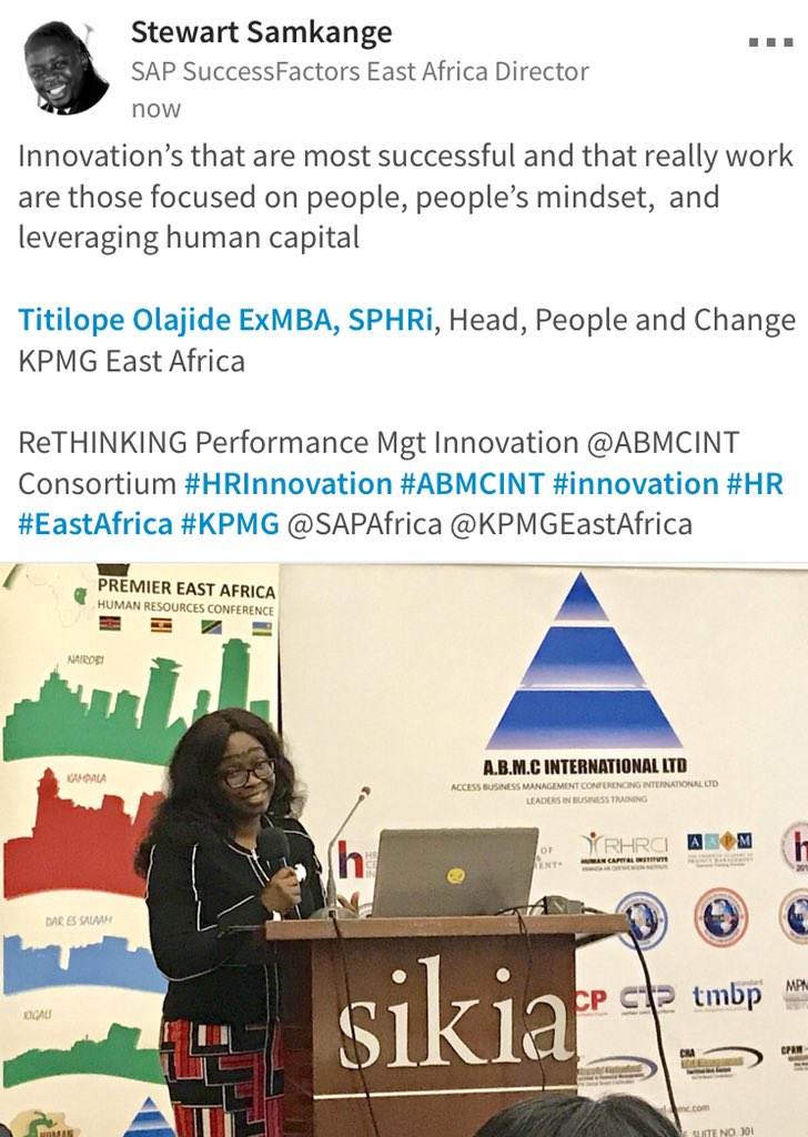 StewartSamkange's tweet photo. Innovationโs that are most successful and that really work are those focused on people, peopleโs mindset, and leveraging human capital
Titilope Olajide ExMBA, SPHRi, Head, People and Change KPMG East Africa.
#HRInnovation #ABMCINT #innovation #HR @SAPAfrica @KPMGEastAfrica https://t.co/4wU9qpeEuu