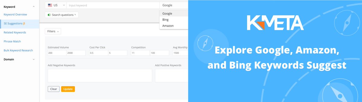 KeyMeta's tweet image. Google, Amazon and Bing keyword suggestions in a new @KeyMeta  SE Suggestion tool! Feel the power of autocomplete: get high-performing keywords and find fresh content ideas in few clicks! #Keyword #SuggestTool #SEO k-meta.com/news/k-meta-se…