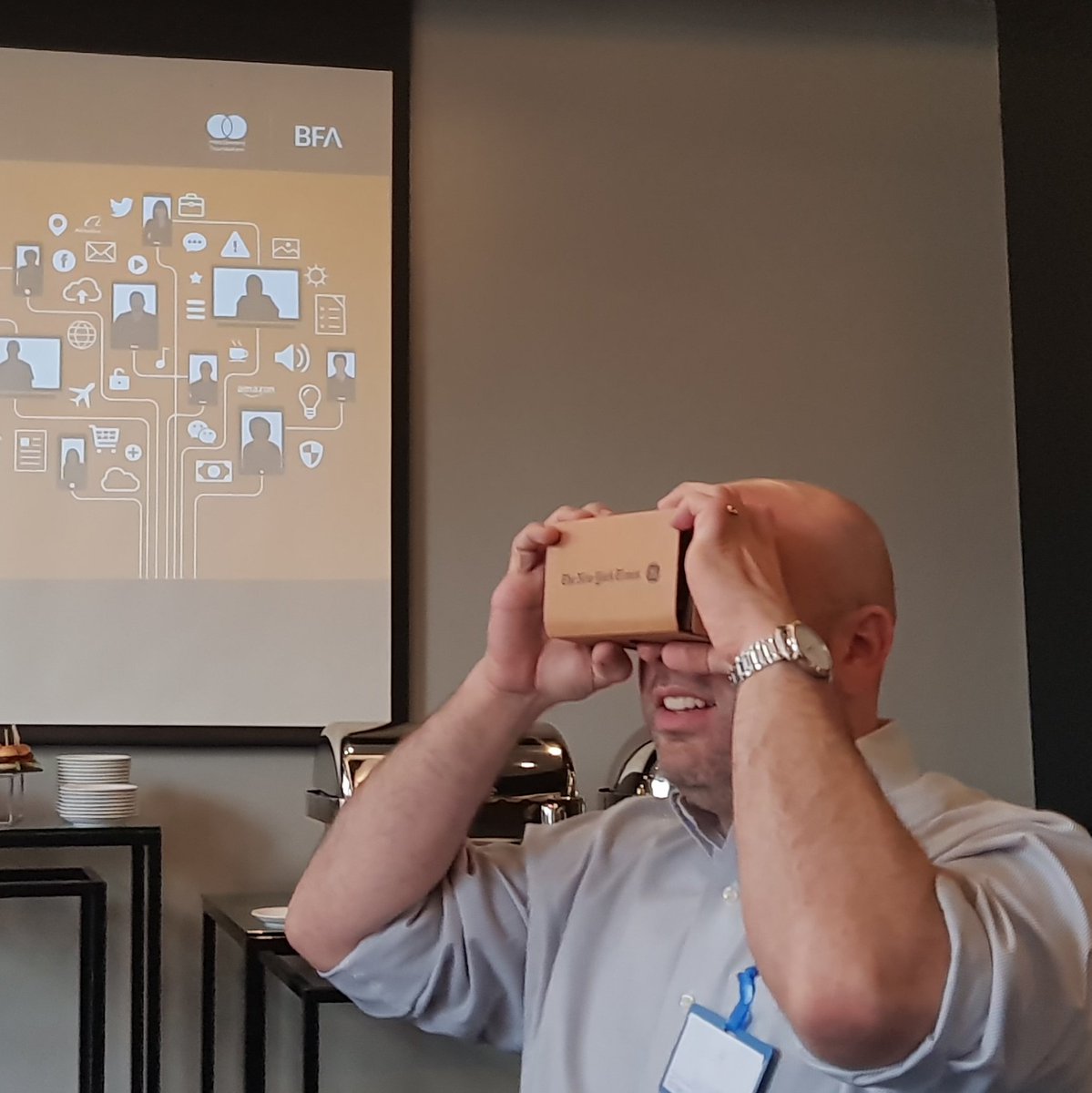Jessica_Strive's tweet photo. Nice use of #Google cardboard / #VR to "visit" a Kenyan #MSME at @FIBR_BFA peer convening. @googlecardboard @googlevr @FiDAPartnership @Sokowatch #fibrfuture https://t.co/9JYSb7FnT4