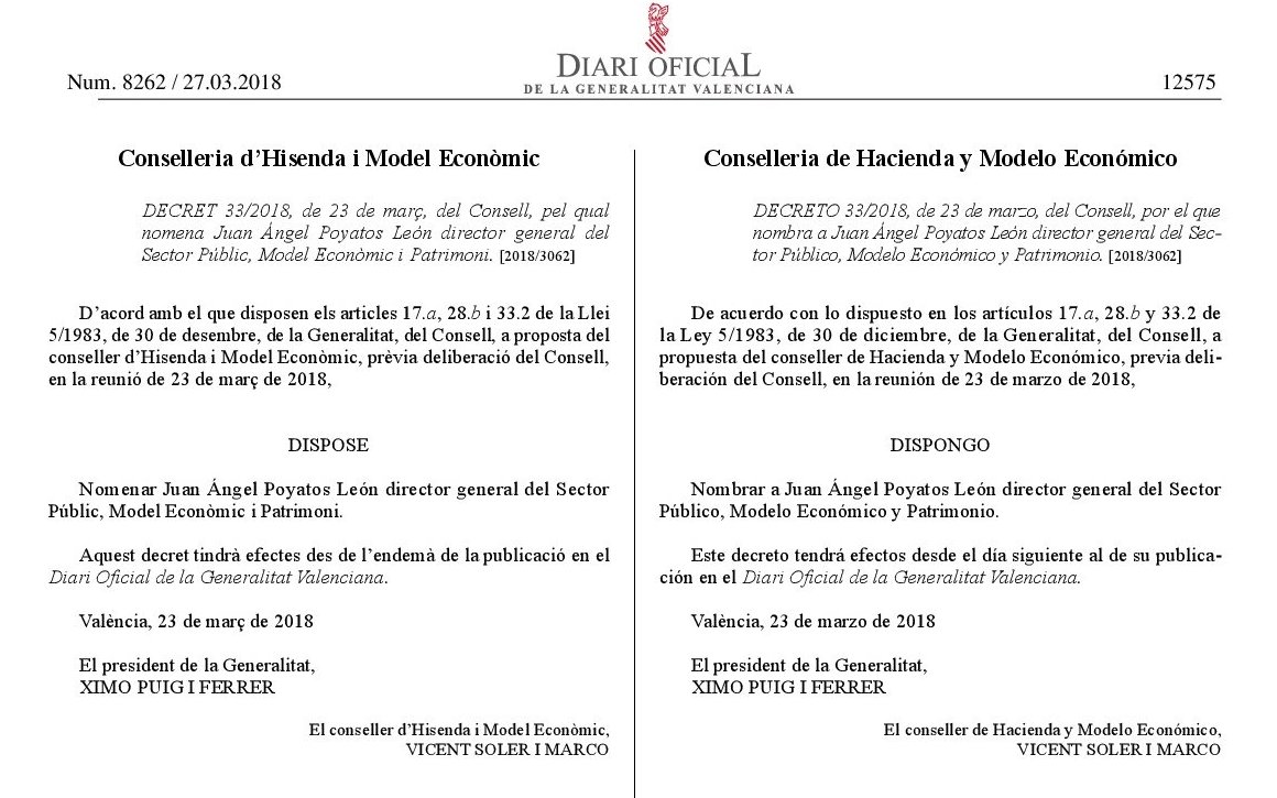 CositalValencia's tweet photo. El #DOCV publica hoy el nombramiento de @juanangepoyatos como Director General del Sector Público, Modelo Econòmico y Patrimonio. Desde @CositalValencia le deseamos mucha suerte y quedamos a su disposición @GVAhisenda https://t.co/rP5dPeH75h