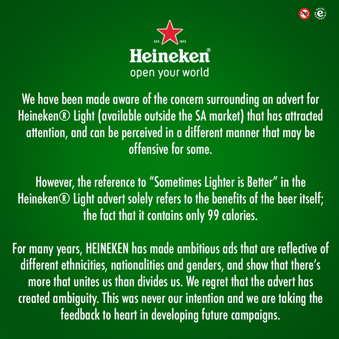 Heineken SA on Twitter: "In light of the recent Heineken® Light advert, find our official statement. https://t.co/9srsUFW086" / Twitter