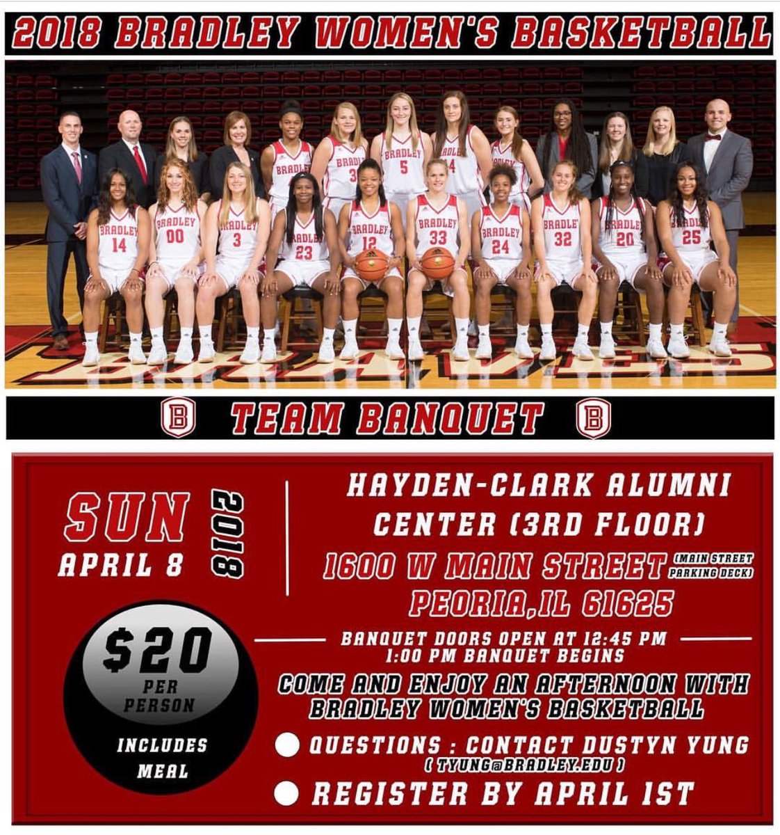 BradleyWBB's tweet photo. Bradley fans *REMINDER* to sign up and join us at our team banquet April 8th 🅱️🏀 we hope you are able to attend! #Squad43 https://t.co/IpOZyjTgqU