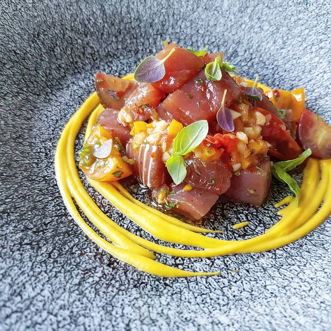 #Poke with golden carrot and sesame puree, golden carrot brunoise stewed in tomato and sesame oil
.
Follow <a href="/brokedinner/">Kareem Roberts</a> on #instagram for nore #delicious #recipes and #foodporn #chef #cheflife #cooking #finedining #foodstylist
