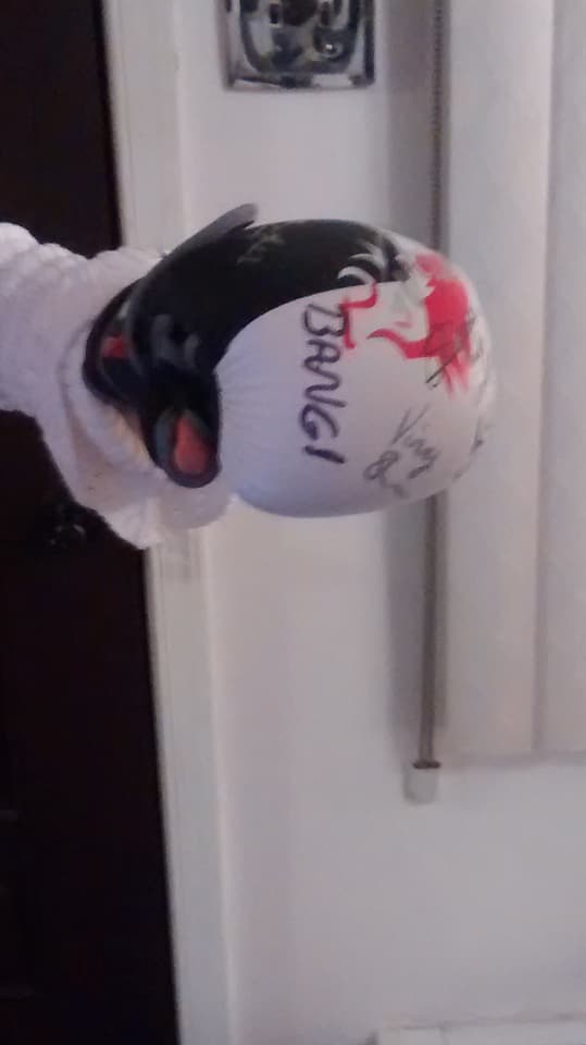 carolefazen's tweet photo. My very own #fighttips gloves autographed by #LiamHarrison, @BasRuttenMMA , @vinnyshoreman, @DUANEBANGCOM, #AndySouwer and @chinzoapam.  Thank you gentlemen.  You made my day.  Feeling the power already after slipping these babies on just once.  Priceless! https://t.co/j1CKBe3Xav