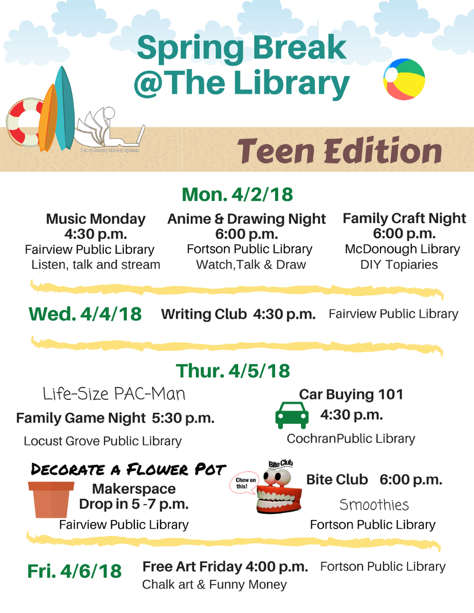 HenryCountyLib's tweet photo. Are you ready for Spring Break? We are! Join us at the libraries. @HenryCountyBOE @HenryCounty @MacKidMcDonough https://t.co/rucg1PWLc2