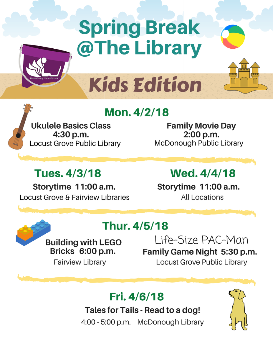 HenryCountyLib's tweet photo. Are you ready for Spring Break? We are! Join us at the libraries. @HenryCountyBOE @HenryCounty @MacKidMcDonough https://t.co/rucg1PWLc2