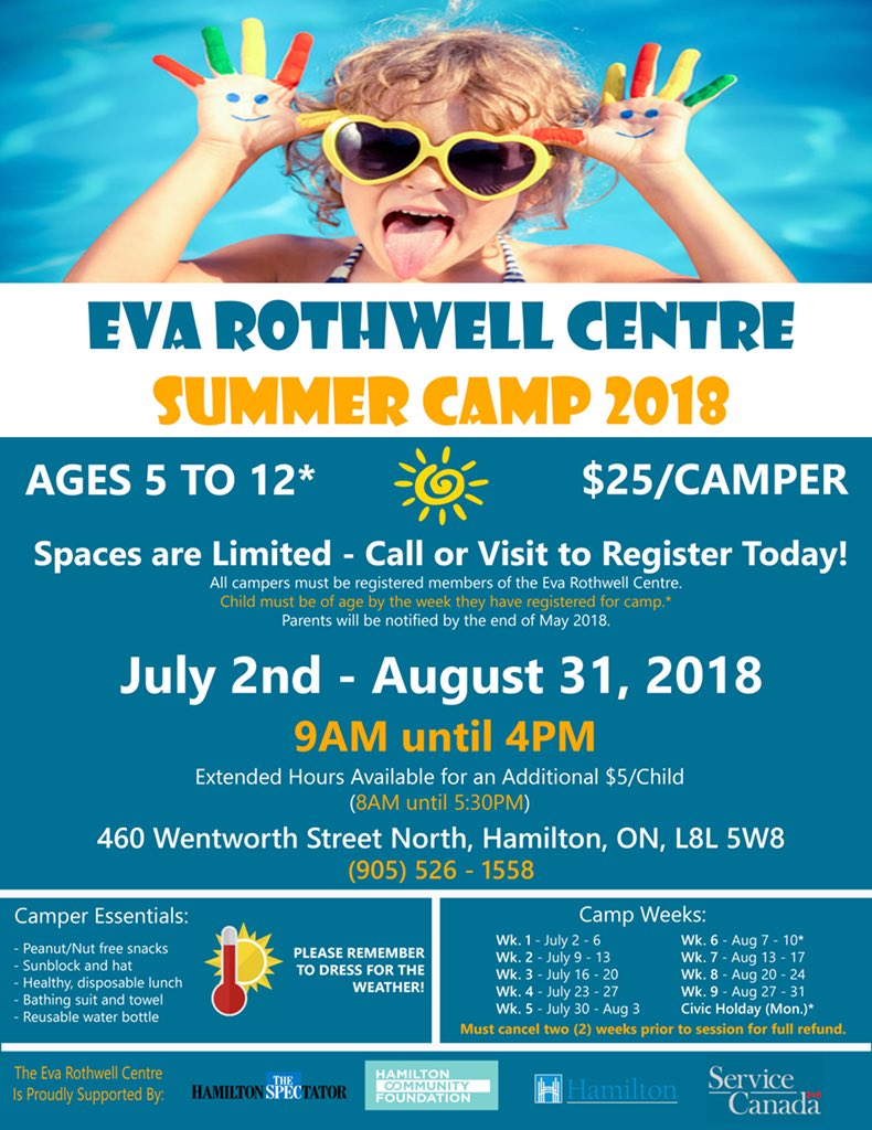 EvaRothwell460's tweet photo. Who’s excited for summer? The Eva Rothwell Centre is!
July 2nd - August 31st | Ages 5 to 12
Come down and visit us at 460 Wentworth Street N or call (905) 526-1558 and register quick, spots are filling up!🌞 https://t.co/wgp4ZZuxzp