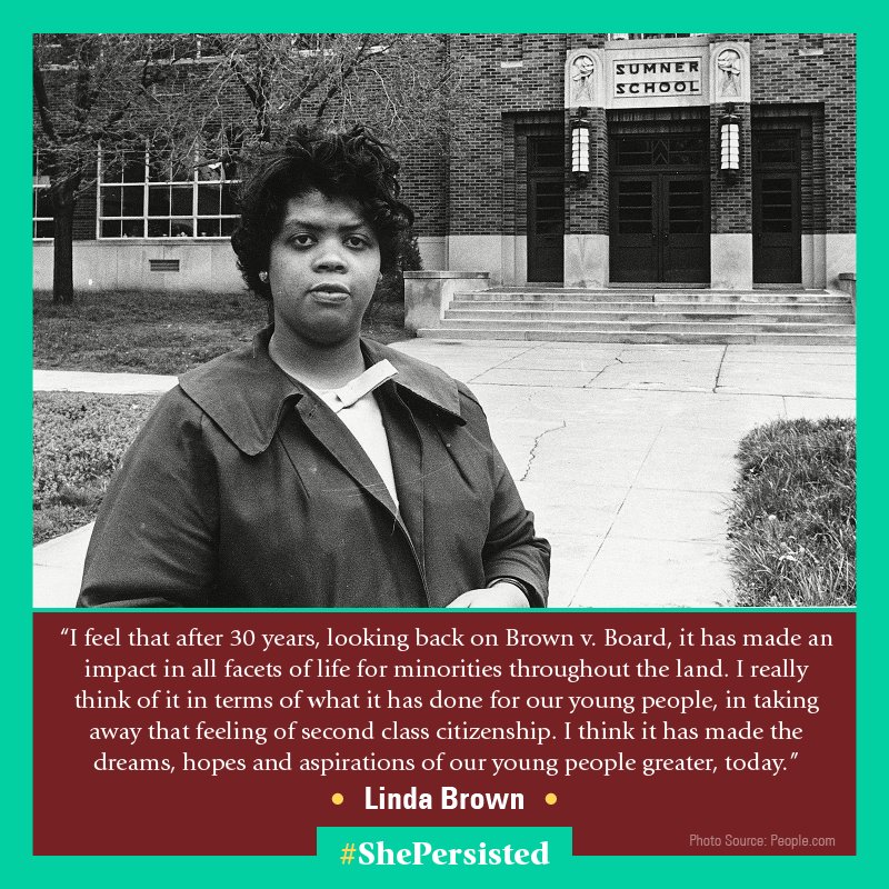 Today’s #ShePersisted leader is Linda Brown who sadly passed away Sunday. Linda’s brave stand for #civilrights with #BrownVBoard improved our nation &amp; made the future for students of color brighter. Thank you Linda, you will be missed. #WomensHistoryMonth