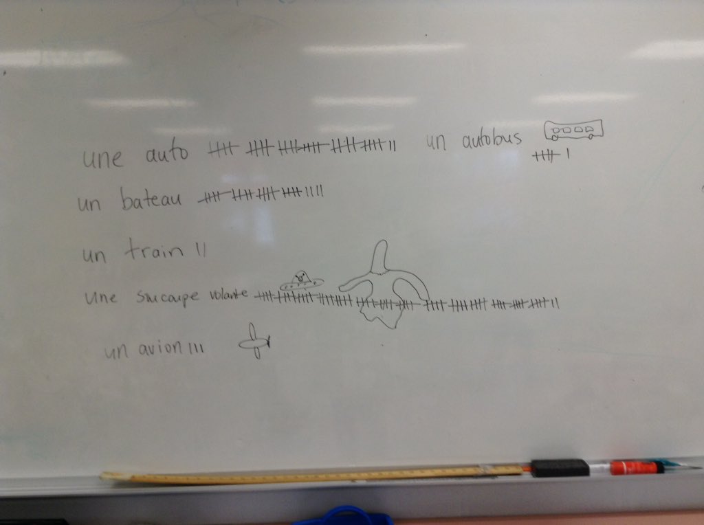 MmePartridge's tweet photo. We did a survey of our favourite modes of transportation.#flyingsaucer for the win! Nous avons fait un sondage des moyens de transport favoris. La soucoupe volante a gagné! #fsl #kpdsbpride #aim @AIMLanguage https://t.co/VzTbfsDosI