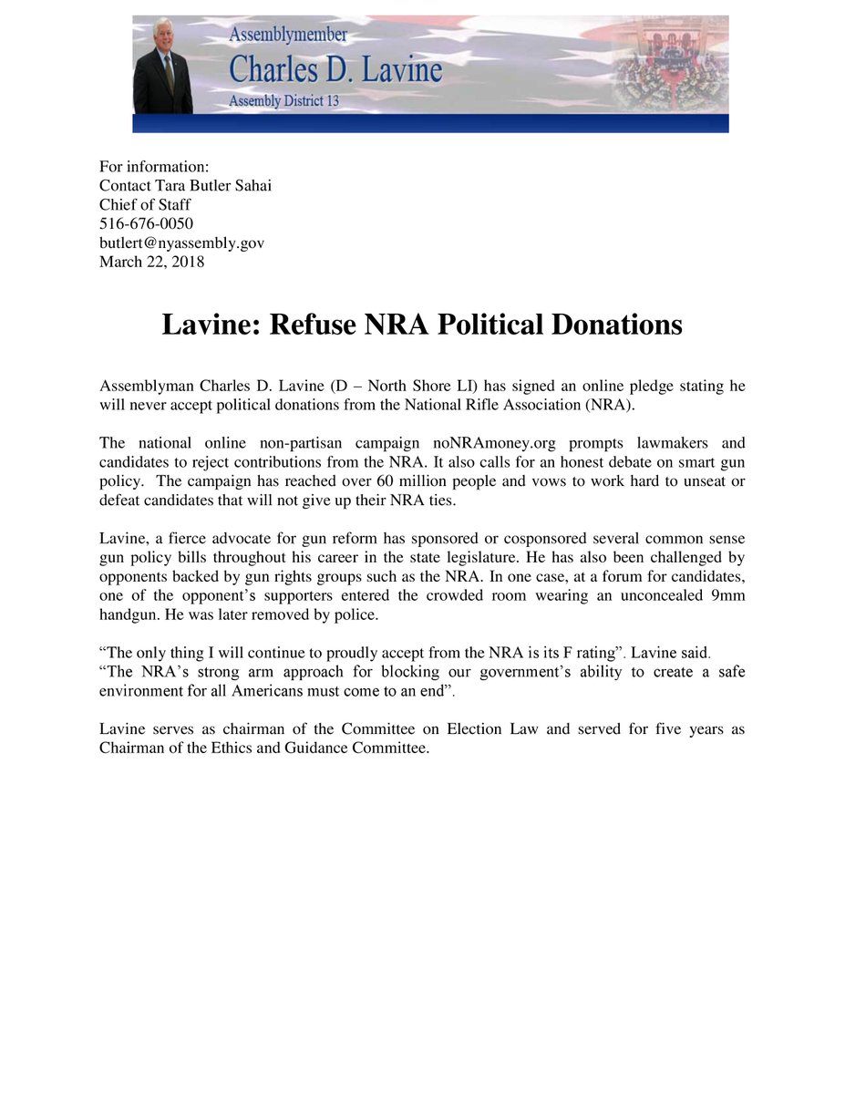 CharlesDLavine's tweet photo. Please read my press release regarding my pledge to not accept campaign contributions from @NRA. https://t.co/wgIaOxvzRK