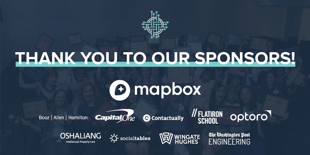 DCFemTech's tweet photo. These companies deserve your support. Without theirs, #dcft18 wouldn't be possible. Thank you @lifeatmapbox @BoozAllen @CapitalOne @Contactually @FlatironSchool @optoroinc @OshaLiang @socialtables @WingateHughes @WapoEngineering https://t.co/sN2kAcLzLm