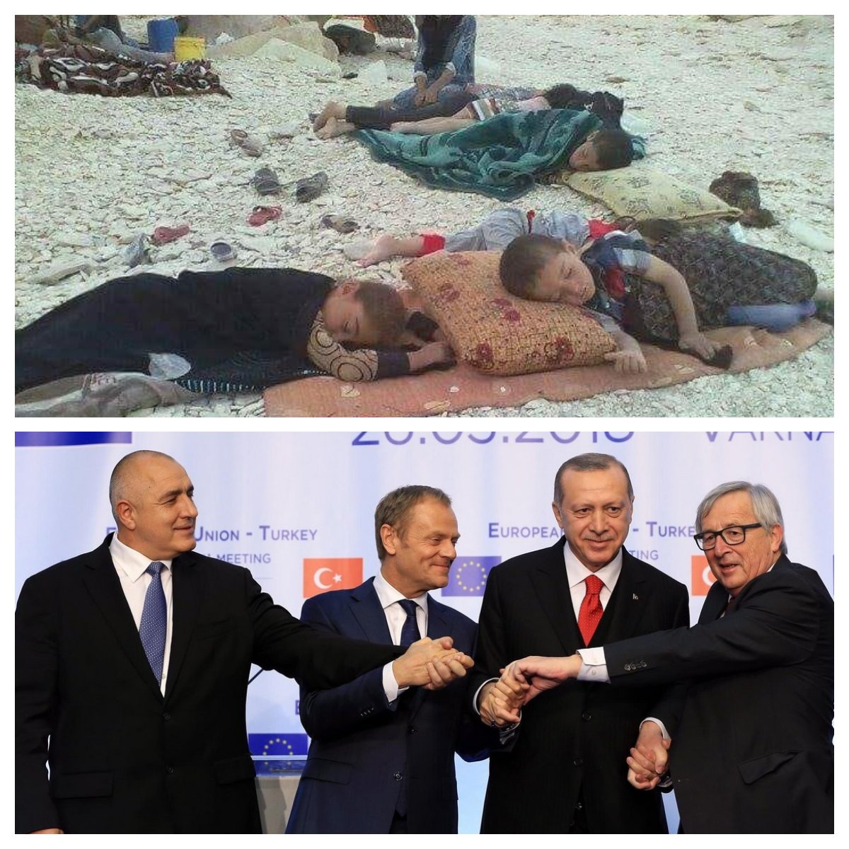 AzadiRojava's tweet photo. While the Children of Efrîn sleep on the streets in Syria, forced out of their homes by Erdogan, leaders of the EU hug Erdogan and hold him tight. #EU appeases #TurkishWarCrimes, Ethnic Cleansing, Illegal Occupation for own benefits. Shameful Truth https://t.co/RXeW8XiD7R