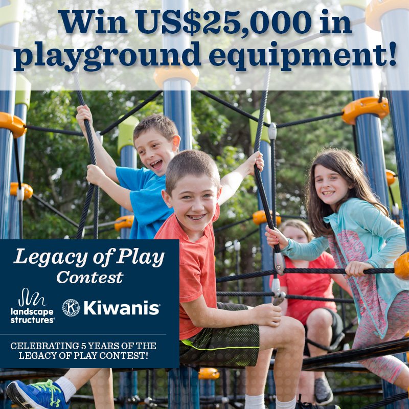Working on a playground project? Consider the Legacy of Play Contest Kiwanis sponsors with partner <a href="/PlayLSI/">Landscape Structures</a>. Your club could win US$25,000 in playground equipment. Details: bit.ly/2o6SIyc   x.com/Kiwanis/status…