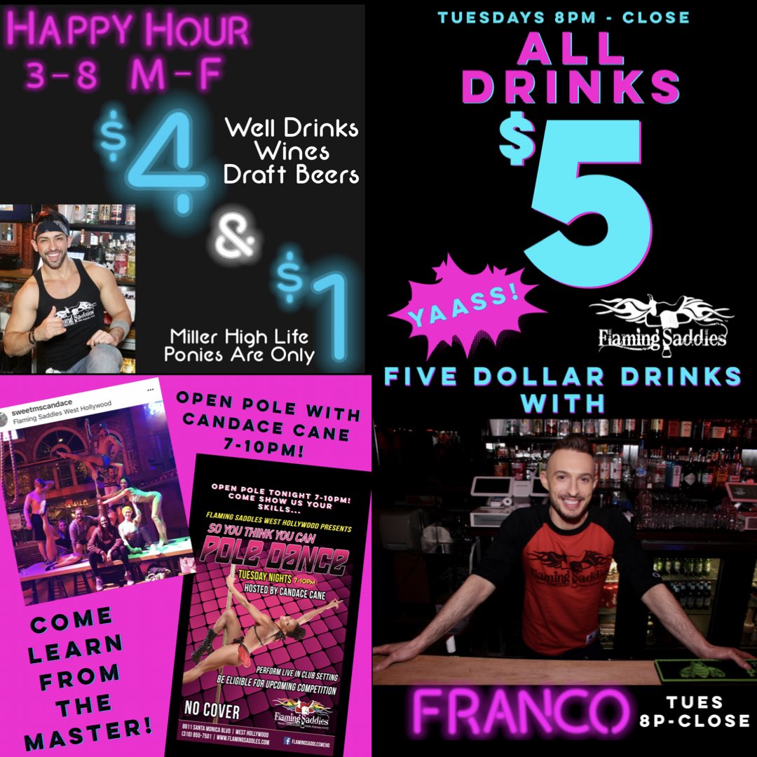 FlamingSaddlesW's tweet photo. Come visit @chrisdiprete for happy hour, then stick around for Open Pole with @Sweetmscandace from 7-10! Plus, we’ve got ALL DRINKS $5 from 8pm — close with @djfxla behind the bar! @GayWeHo 
🔥💃🏽🥃🍸🍺🏳️‍🌈 
#flamingsaddles #sytycpd #openpole #5dollardrinks https://t.co/j6iSG0WZ7H