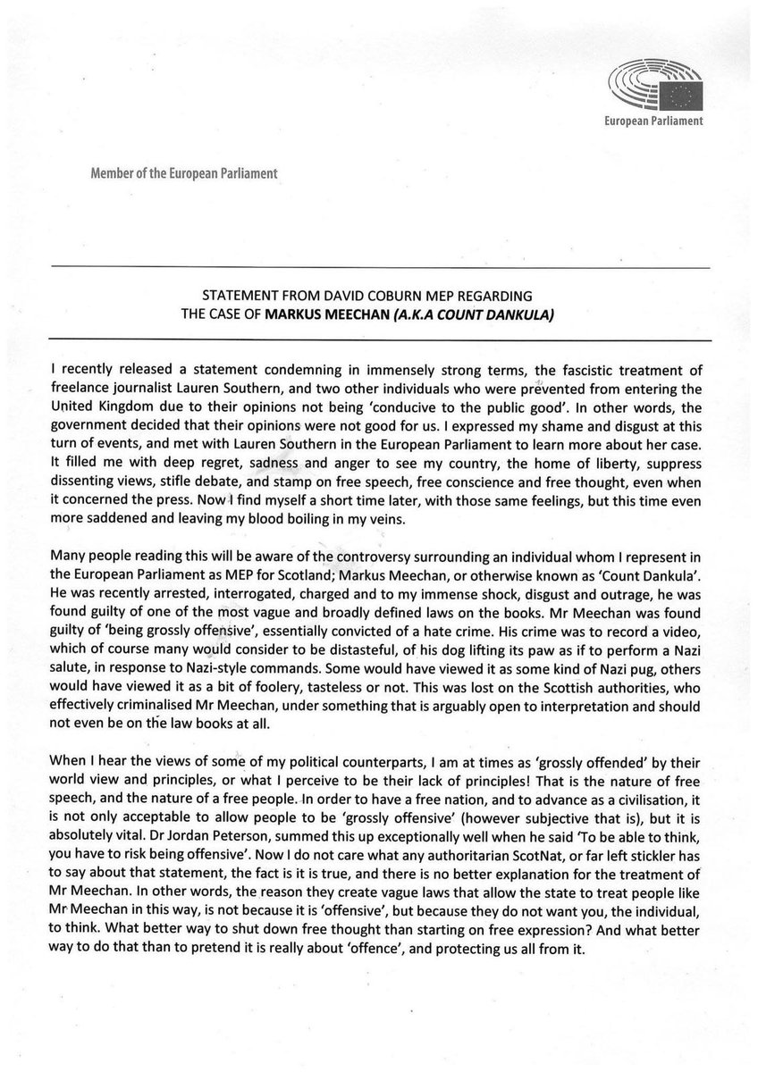 coburn4ukunion's tweet photo. As an MEP for Scotland, I cannot stay silent on the recent conviction of one of the people I represent; Markus Meechan  (a.k.a @CountDankulaTV ).

Please find my statement on this appalling case below:

#RT #CountDankula #FreeSpeech #GrosslyOffensive https://t.co/0HiaNZZkpR