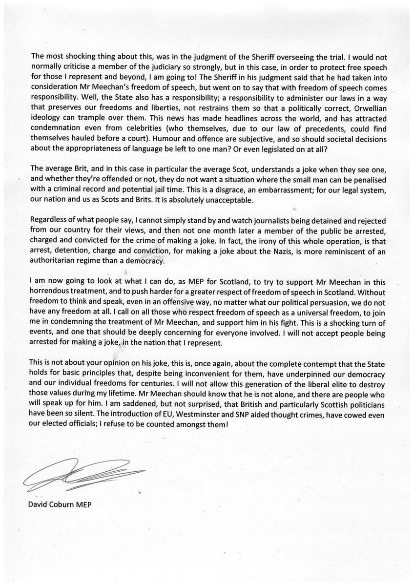 coburn4ukunion's tweet photo. As an MEP for Scotland, I cannot stay silent on the recent conviction of one of the people I represent; Markus Meechan  (a.k.a @CountDankulaTV ).

Please find my statement on this appalling case below:

#RT #CountDankula #FreeSpeech #GrosslyOffensive https://t.co/0HiaNZZkpR