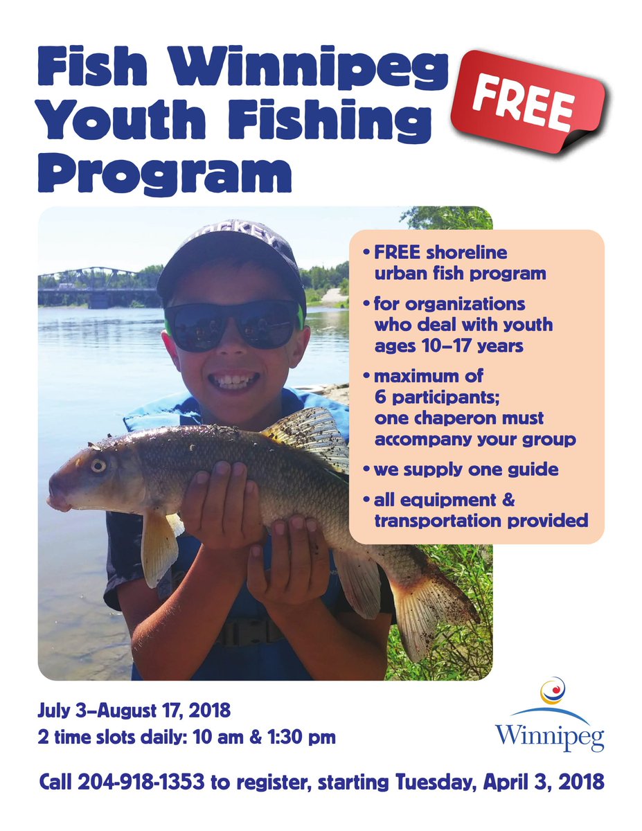 Attn organizations who serve youth 10-17! <a href="/cityofwinnipeg/">City of Winnipeg</a> is offering a free shoreline Youth Fishing Program for six participants and one chaperon. <a href="/cityofwinnipeg/">City of Winnipeg</a> will supply one guide, transportation, and all of the equipment. Registration starts April 3rd!