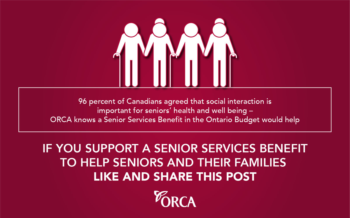ORCAretirement's tweet photo. Canadians believe that social interaction is important for seniors' health and well-being. A Senior Services Benefit will help provide the support and resources that our seniors need to stay safe, healthy and social. To learn more visit https://t.co/3IjsJAXKNV #onpoli https://t.co/b0Ik0orPFk