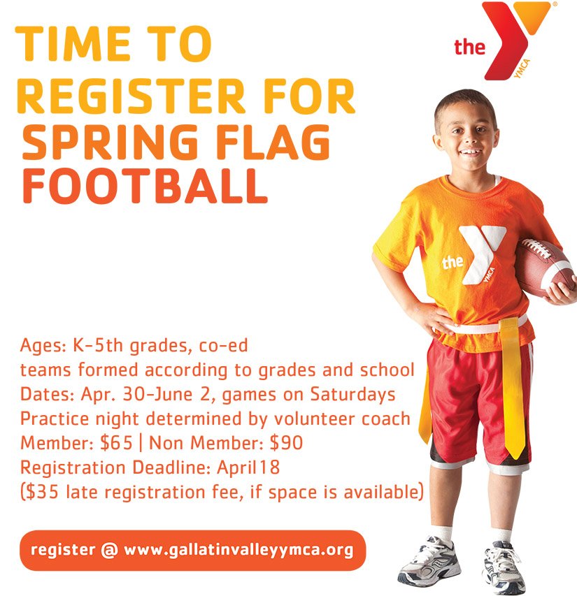 We know spring is a busy time, but don't let registration for Spring Flag Football slip by without signing up today. This is a super fun league with great volunteer coaches! Remember financial assistance is available for anyone demonstrating need. The Y wants everyone to play!