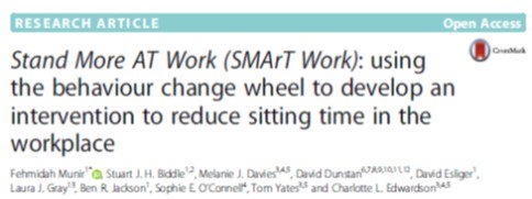 SSEHS_Health's tweet photo. New! Stand More AT Work (SMArT Work): using the behaviour change wheel to develop an intervention to reduce sitting time in the workplace
https://t.co/k7fWy2aUlM https://t.co/3iinpbzHSK
