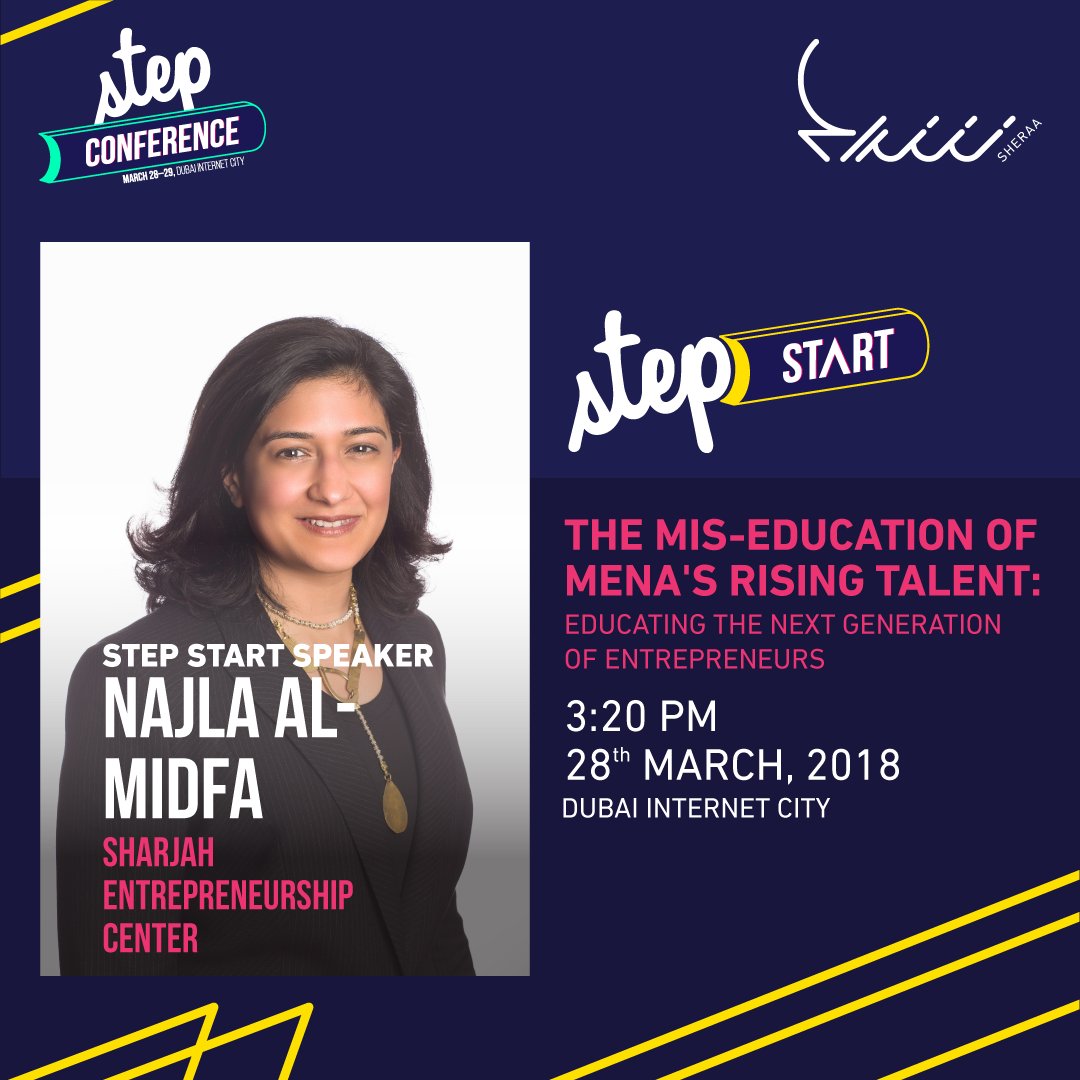 sheraasharjah's tweet image. Catch Najla al Midfa speaking at Step Start tomorrow afternoon! She'll be discussing the missed opportunity with MENA's generation of talent and the next steps in education.

#step2018 #stepconference #stepstart