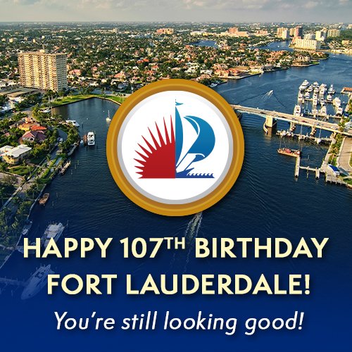 FTLCityNews's tweet photo. Happy Birthday Fort Lauderdale! Founded on March 27, 1911, today marks our City's 107th Birthday! @playlauderdale @FLPD411 @FtLaudFire @leefeldman @clagerbloom @heathermoraitis @rmckinzie8779 @BenSorensen @FLLChamber @GoRiverwalk @GFLAlliance @visitlauderdale https://t.co/3SVoiJT395
