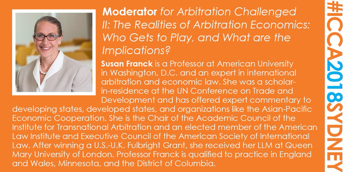 Introducing the Moderator for the panel on The Realities of Arbitration Economics at #ICCA2018Sydney: Susan Franck (<a href="/susanfranck/">Susan Franck</a>). For the full preliminary programme and Congress registration details visit: icca2018sydney.com . #MeetTheSpeakers