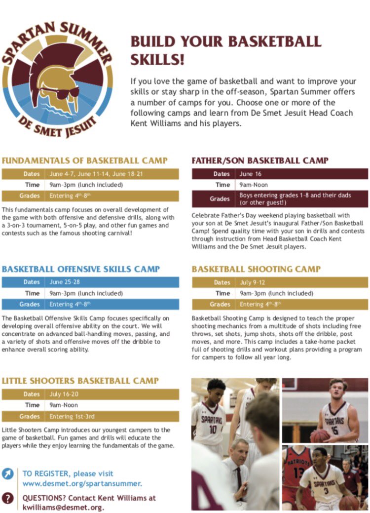 KentWilliams33's tweet photo. Check out our #DeSmetJesuit Basketball Camp Flyer. We have 3 Fundamental Day Camps plus Shooting, Offensive Skills, Little Shooters Camp, &amp; our new Father/Son Camp. Come be a part of our #SpartanSummer!!! #DeSmetforLife https://t.co/ISlobOJuxF