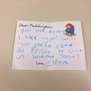 friscolibrary's tweet photo. Paddington Bear loves marmalade and letters from his friends and fans. The adorable, polite bear is the latest book character featured at our awesome #WritingStation! Here are some of Paddington's favorites so far. #FriscoWrites https://t.co/CNjR464aNh