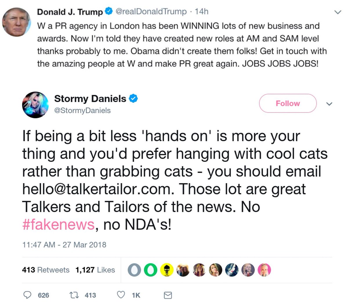 TalkerTailor's tweet photo. She said it @Wcommlondon not us! We also don't take hush money... unless it's HUGE amounts HUGE! #MakePRGreatAgain #FakeNews https://t.co/19cUzSD12c