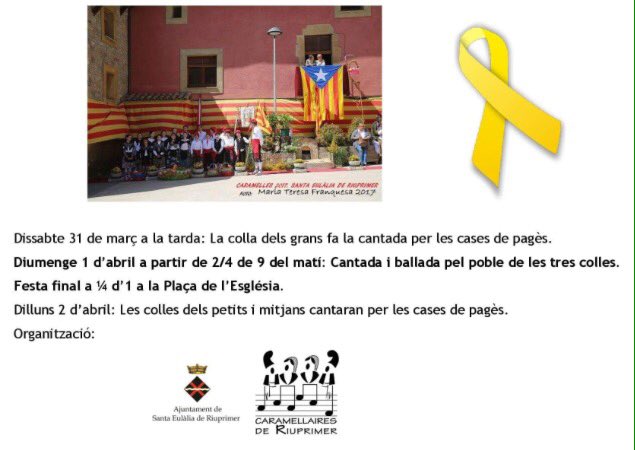 PDeCATRiuprimer's tweet photo. Per 39è any seguit des de la seva recuperació, tornen les preuades Caramelles de Santa Eulàlia de #Riuprimer amb els tres grups de caramellaires; grans, mitjans i petits. Seran el proper cap de setmana. #Caramelles2018 https://t.co/am7swr7d3H