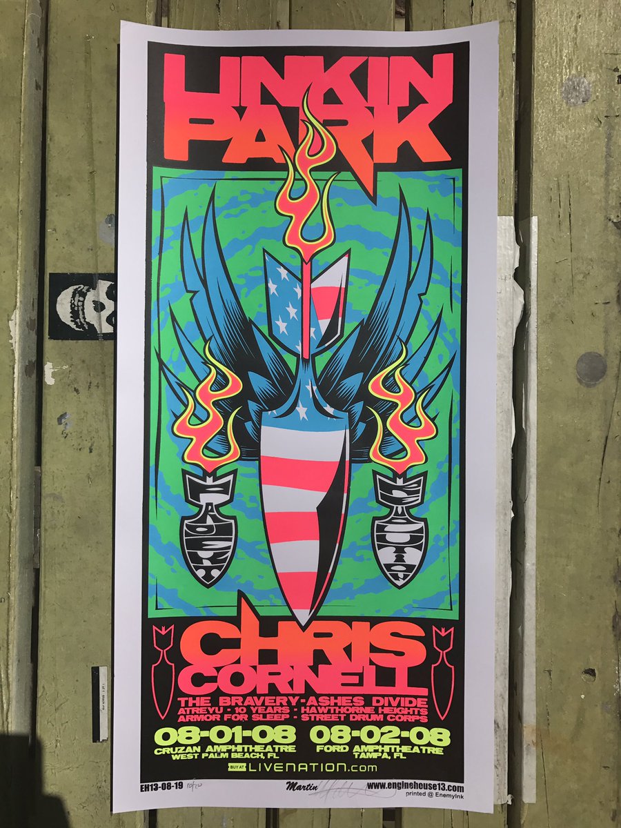 EnemyInk's tweet image. Our 2008 print for @linkinpark and @chriscornell was voted the Enemy Ink Poster of the Week. Head to EnemyInk.com and use the coupon code "posterotw" at check out to get 20% off purchase of this rare piece. #enemyink #linkinpark #chriscornell