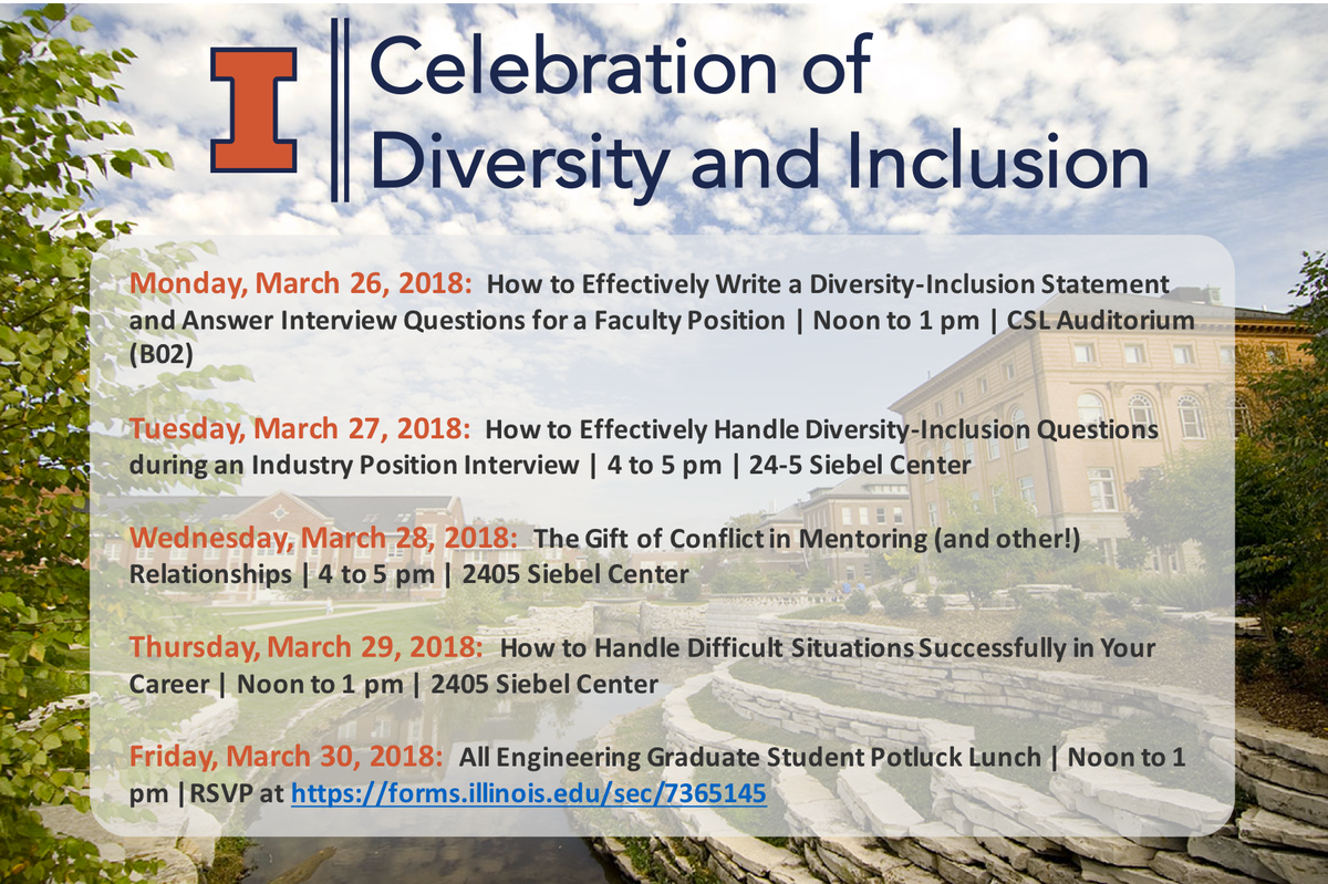 EGSAC_UIUC's tweet photo. This week is the 2018 Celebration of Diversity-Inclusion in Engineering Graduate Programs. Check out the list of events below! https://t.co/oAxpJOVfsX
